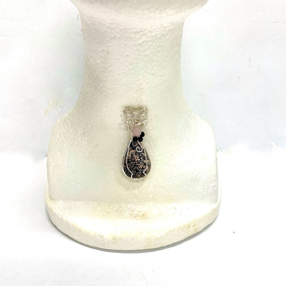 HANDMADE Firework Obsidian, Rose Quartz and Faceted Crystal Hand Wrapped Pendant - Picture 2 of 10